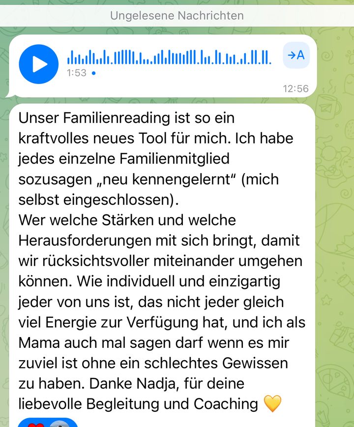Nachricht einer Klientin zum Familienreading